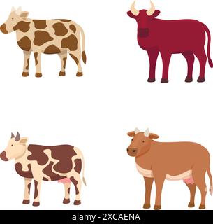 Collection of four different cartoon cows in standing poses isolated on a white background Stock Vector