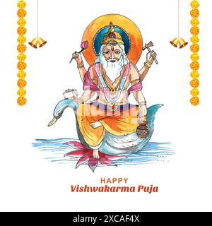 Hindu god vishwakarma an architect and divine engineer of universe celebration background Stock Vector