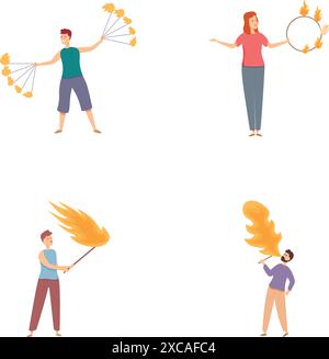 Illustration of performers juggling and handling fire, showcasing different skills Stock Vector
