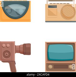 Vintage electronics icon set with colorful symbols of oldfashioned technology including television, radio, camera, and scale in nostalgic 80s and 70s era. Vector illustration Stock Vector