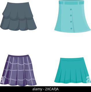 Collection of four different skirt designs in a flat vector style, suitable for fashion concept visuals Stock Vector