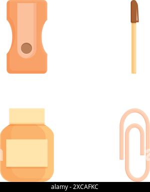 Assorted stationery icons set for office, school, art, and crafting with flat design, vector illustration, and contemporary minimalistic collection. Perfect for organizing work tools. Stock Vector