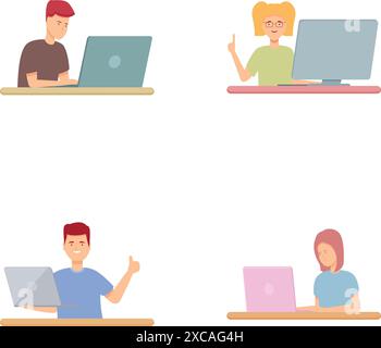 Vector illustrations showcasing four people engaged in computer work, highlighting versatility and technology use Stock Vector