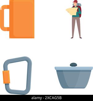 Set of four colorful vector icons representing everyday items, mug, person with a map, carabiner, pot Stock Vector