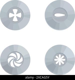 Collection of four stylized grey vector buttons for garments, isolated on white background Stock Vector