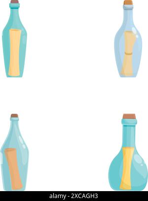 Illustration of four glass bottles with different colored beverages, isolated on white Stock Vector