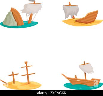 Colorful collection of cartoon shipwrecks with different nautical themes, featuring isolated vector illustrations of sunken, abandoned, and capsized vessels in maritime disasters Stock Vector