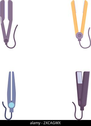 Four isolated cartoon images of hair styling tools including straighteners and curlers Stock Vector