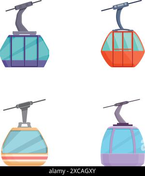 Illustration of four different colored cable car cabins on a white background Stock Vector