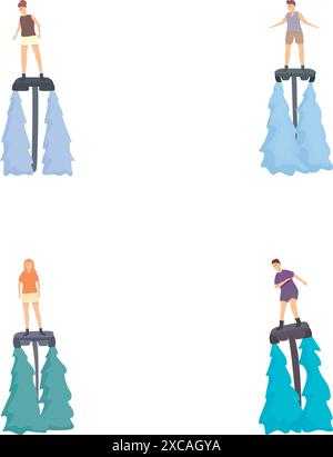 Four illustrations depicting women practicing paddleboard yoga on calm waters Stock Vector