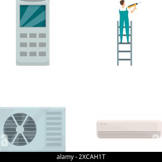 Collection of flat design appliance icons, featuring a calculator, person on a ladder, air conditioner, and heater Stock Vector