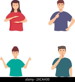 Collection of illustrated characters showing various hand signals and expressions Stock Vector