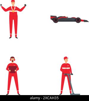 Vector illustrations of a pit crew team in uniform and a racing car isolated on white Stock Vector