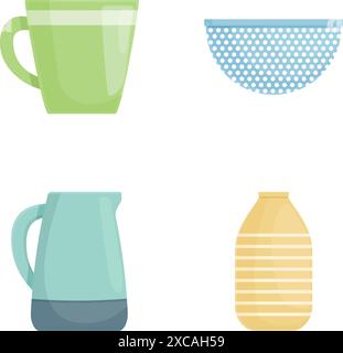 Set of colorful kitchenware icons including cups, a water jug, and a colander on a white background Stock Vector