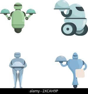 Illustration set displaying various types of futuristic delivery robots and drones isolated on white Stock Vector