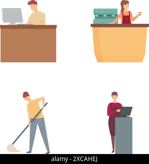 Illustrations showcasing individuals in various occupations including office work and cleaning Stock Vector
