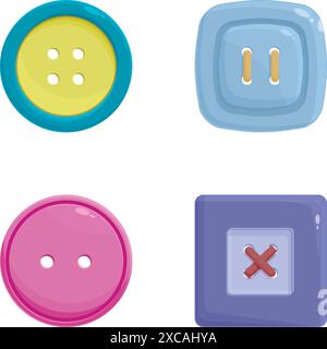 Colorful digital illustration of four different clothing buttons and garment fasteners Stock Vector