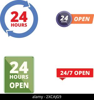 247 always open roundtheclock service icons set for nonstop customer support and accessibility in business operations Stock Vector