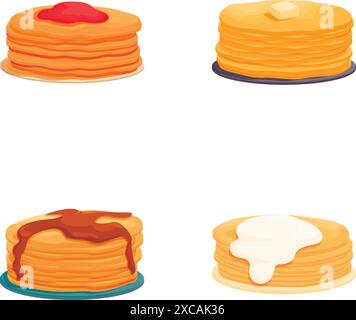 Set of four fluffy pancakes with different toppings, syrup, butter, cream, and a berry Stock Vector