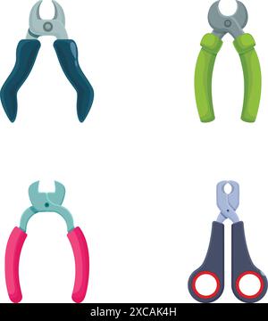 Collection of four colorful cartoonstyle pliers and scissors vector icons isolated on white Stock Vector