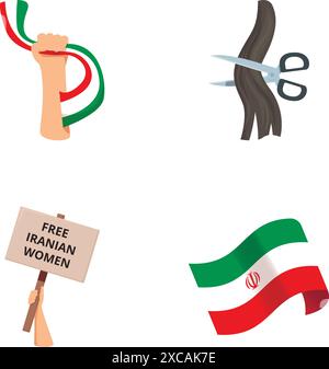 Set of icons representing the fight for iranian women's rights, including cut hair Stock Vector