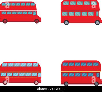 Collection of colorful, stylized cartoon double decker buses isolated on white background Stock Vector