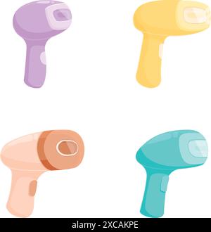 Four cute colorful cartoonstyle hair dryers isolated on a white background Stock Vector