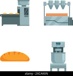 Vector set of commercial bakery machines and freshly baked loaf isolated on white background Stock Vector