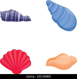 Vibrant set of four isolated seashell illustrations in a clean, flat style Stock Vector