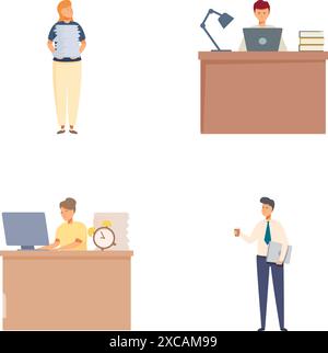 Illustration of diverse professionals in various work environments, using computers and managing documents Stock Vector