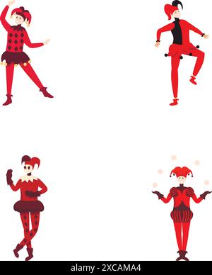 Four colorful illustrations of cartoon jugglers performing, in fun and dynamic circus attire Stock Vector