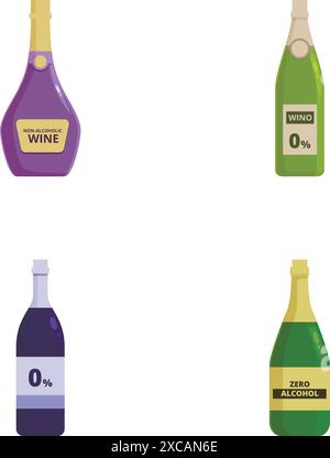Vector illustration set of four different nonalcoholic wine bottles isolated on white background Stock Vector