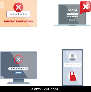 Illustration of incorrect password alerts on computer, laptop, and other devices Stock Vector
