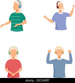 Collection of illustrations featuring young men with headphones lost in the rhythm of their favorite songs Stock Vector