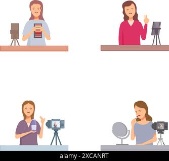 Illustrations featuring podcasters with microphones and recording equipment in various poses Stock Vector