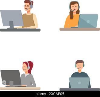 Collection of illustrations featuring different individuals engaged in work on their computers Stock Vector