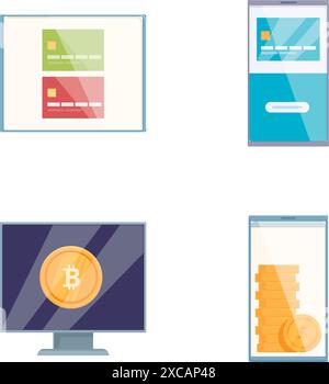 Flat design vector illustration of digital finance icons set for mobile banking, cryptocurrency transactions, secure electronic payments, and wealth management in modern fintech technology Stock Vector