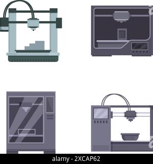Vector image collection featuring various styles of 3d printers for personal and industrial use, in flat design Stock Vector