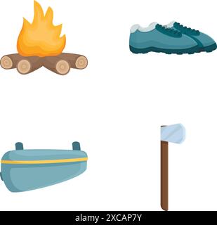 Set of four vector icons depicting camping equipment including a campfire, hiking shoe, fanny pack, and axe Stock Vector
