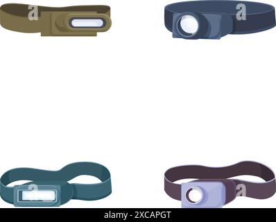 Collection of headlamp illustrations for camping and outdoor activities isolated on white Stock Vector