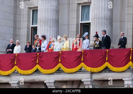 London, UK, 15th June, 2024. Members of the Royal Family make an appearance on the balcony at Buckingham Palace where they watch a flypast of military aircraft, including the Red Arrows, following the Trooping of the Colour ceremony. Credit: Eleventh Hour Photography/Alamy Live News Stock Photo