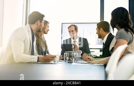 Meeting, data and business people in discussion at office for analyzing corporate investment strategy. Planning, team and financial advisors with Stock Photo