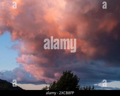 Dramatic pink orange grey storm clouds cell, brightly back lit from the sun shining Stock Photo