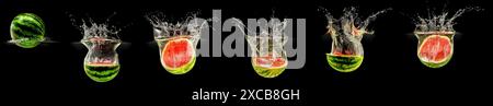 Fresh melon falling in water with splash on black background. Stock Photo