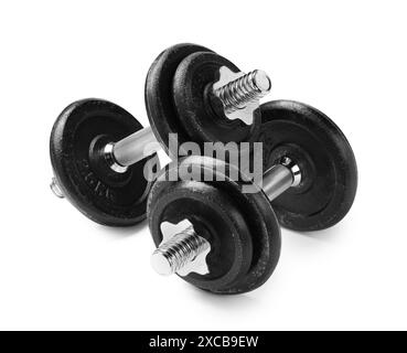 Metal dumbbells isolated on white. Sports equipment Stock Photo