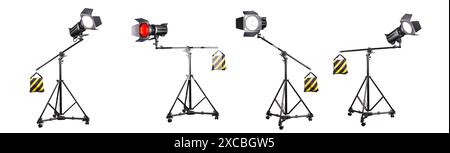 Photography studio flash on a lighting stand isolated on white background with lamp. Professional equipment like monobloc Stock Photo