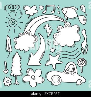 hand drawn doodle vector set.Various icons such as clouds, car, stars, speech bubbles, arrows, lines isolated on blue background. Stock Vector