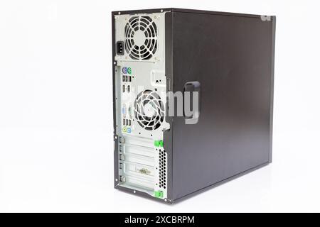 Back View of Black Desktop Tower isolated on White Background Stock Photo