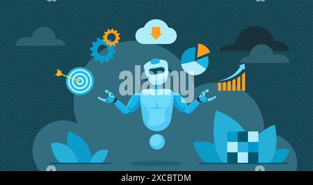 Multitasking support of chat bot, artificial intelligence services for customers. Busy robot holding data graph and goal target with arrow, pie chart and gears in hands cartoon vector illustration Stock Vector
