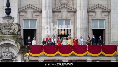 15th June 2024. London, UK. Members of the British Royal Family make their traditional appearance on the balcony of Buckingham Palace after Trooping the Colour 2024. Left to right: Duke & Duchess of Gloucester, Prince George; Prince William, the Prince of Wales; Prince Louis; Catherine, Princess of Wales; Princess Charlotte; King Charles III; Queen Camilla; Sophie Duchess of Edinburgh; Edward Duke of Edinburgh, Lady Louise Windsor; Anne, Princess Royal, Vice Admiral Timothy Laurence, Duke of Kent. Credit: Malcolm Park/Alamy Stock Photo